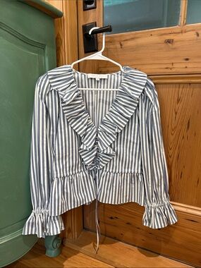 HUNTER BELL Blue and White Stripe Ruffled V-Neck Peplum Blouse